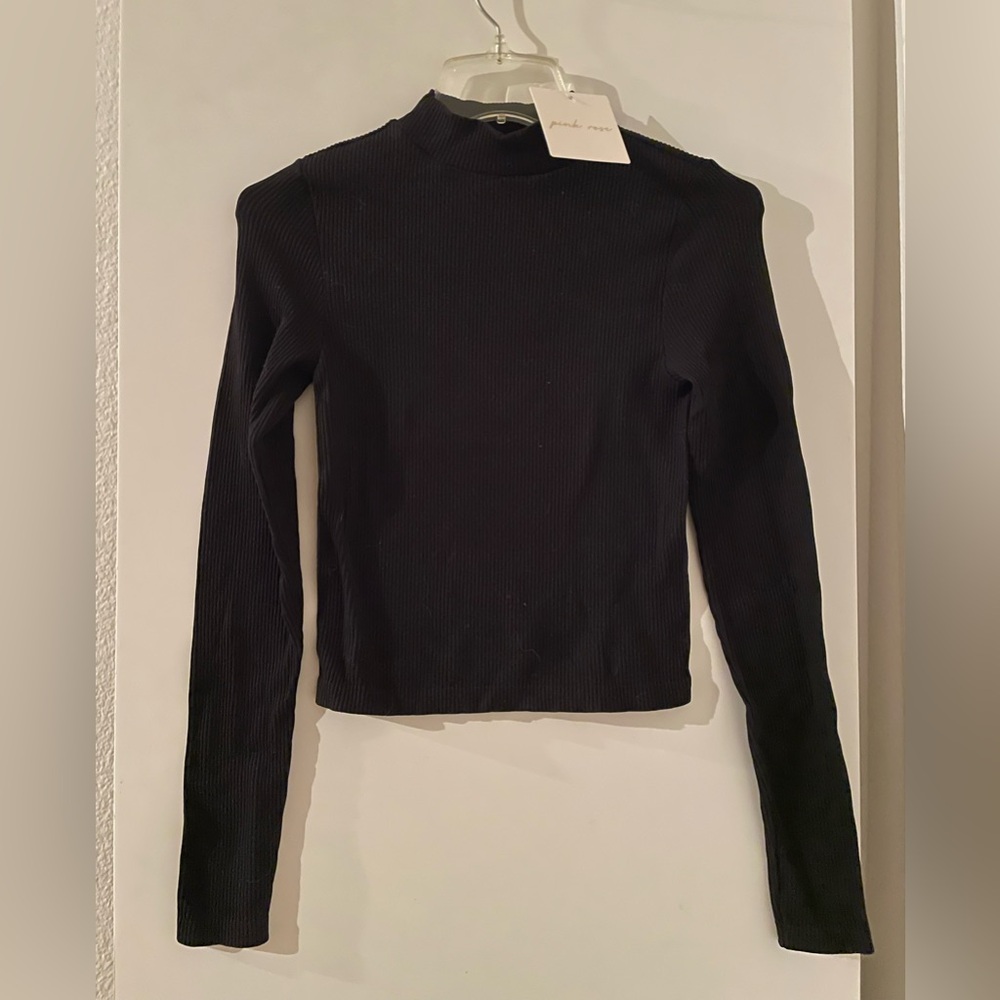 Pink Rose Black  Mock Funnel Turtleneck Sweater Long Sleeve Ribbed Fitted NWT!